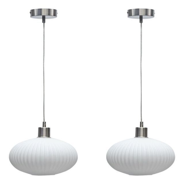 First Choice Lighting Set of 2 Baton - White Ribbed Oval Glass with Satin Nickel Pendants - image 1