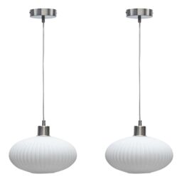 First Choice Lighting Set of 2 Baton - White Ribbed Oval Glass with Satin Nickel Pendants