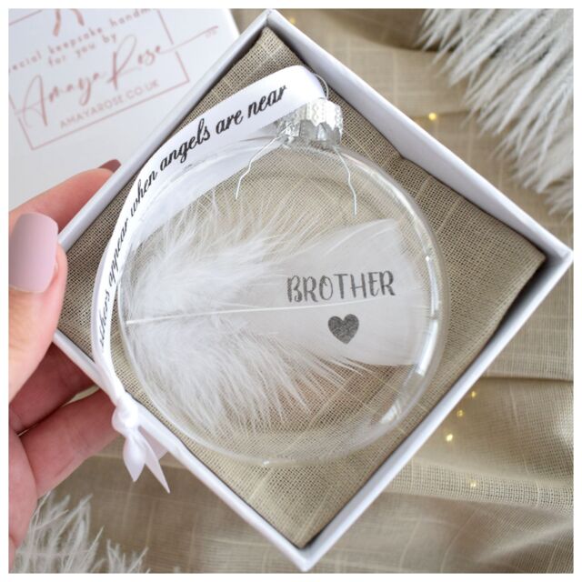 Amaya Rose Ltd In Memory of Brother Feather Round Bauble Gift Boxed. Memorial Décor in Clear
