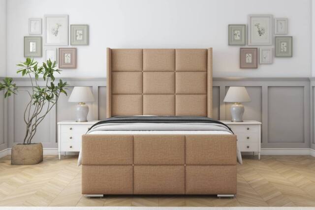 "Sloomy Beaumont Dumfries Bed Frame With 50"" Upholstered Wingback Headboard in Light Brown - Size: Small Double" - image 1