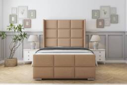 "Sloomy Beaumont Dumfries Bed Frame With 50"" Upholstered Wingback Headboard in Light Brown - Size: Small Double"