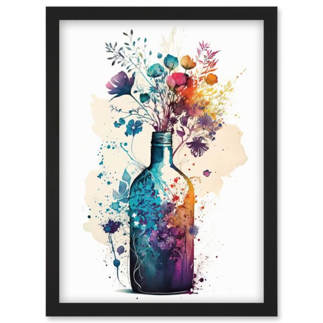 Artery8 Wildflower Spring Bouquet in Glass Wine Bottle Artwork Framed Wall Art Print A4 in Black - image 1