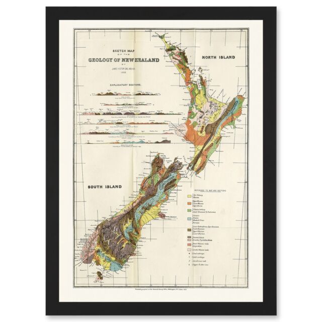 Artery8 Vintage Map 1883 Hector Sketch New Zealand Geology Aotearoa Artwork Framed Wall Art Print A4 in Black - image 1