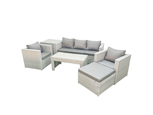 Fimous Rattan Garden Furniture Set 6 Pieces Outdoor Garden Sofa Oblong Coffee Table Set with 2 Chairs Side Tabe Stool Light Grey Mixed - image 1