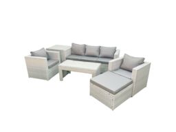 Fimous Rattan Garden Furniture Set 6 Pieces Outdoor Garden Sofa Oblong Coffee Table Set with 2 Chairs Side Tabe Stool Light Grey Mixed - thumbnail 2