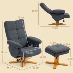 HOMCOM Linen Recliner Chair & Footstool Wooden Base Grey - thumbnail 3