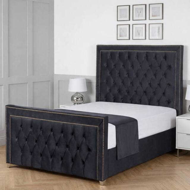 Living Comfort Bedz Metro Plush Velvet Upholstered Bed Slatted Base with 48Inch Headboard in Charcoal - Size: Small Double - image 1