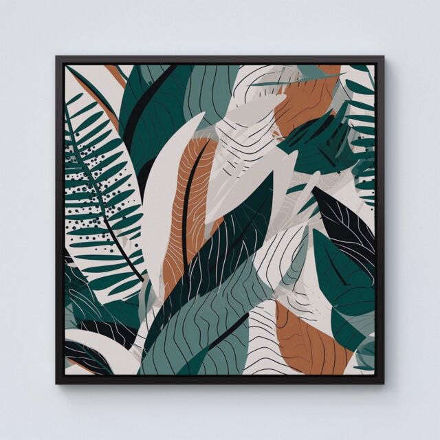 "Warren Reed - Designer Autumn Tropical Leaves Green Brown Framed Canvas in Black - Size: W16"" x H16""" - image 1