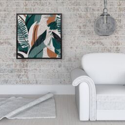 "Warren Reed - Designer Autumn Tropical Leaves Green Brown Framed Canvas in Black - Size: W16"" x H16""" - thumbnail 2