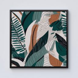 "Warren Reed - Designer Autumn Tropical Leaves Green Brown Framed Canvas in Black - Size: W16"" x H16""" - thumbnail 1
