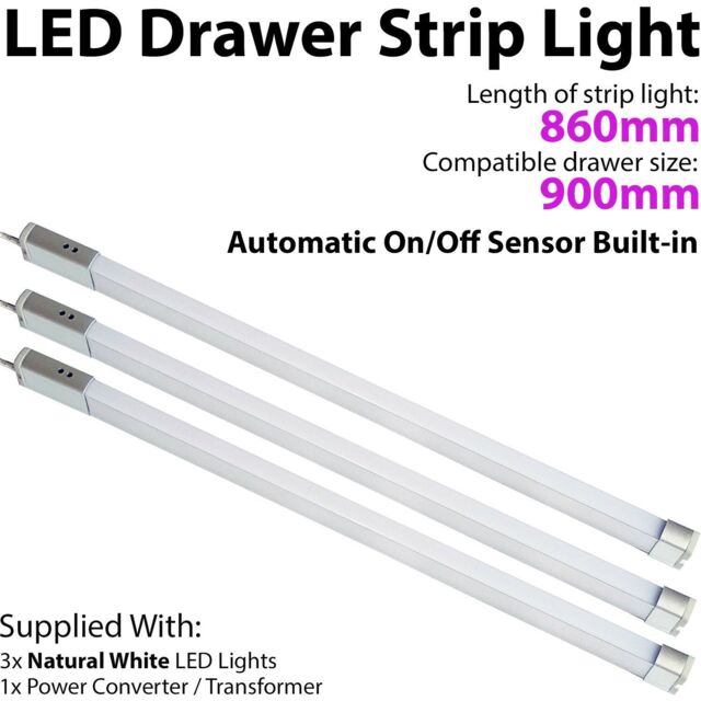 Loops 3x 900mm LED Drawer Strip Light AUTO ON/OFF PIR SENSOR Kitchen Cupboard Door - image 1
