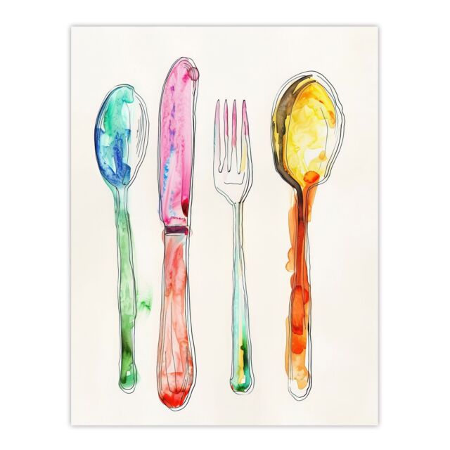 "Artery8 Colourful Watercolour Cutlery Spoons Knife Fork Wall Art Print - Size: W12"" x H16""" - image 1