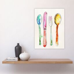 "Artery8 Colourful Watercolour Cutlery Spoons Knife Fork Wall Art Print - Size: W12"" x H16""" - thumbnail 4