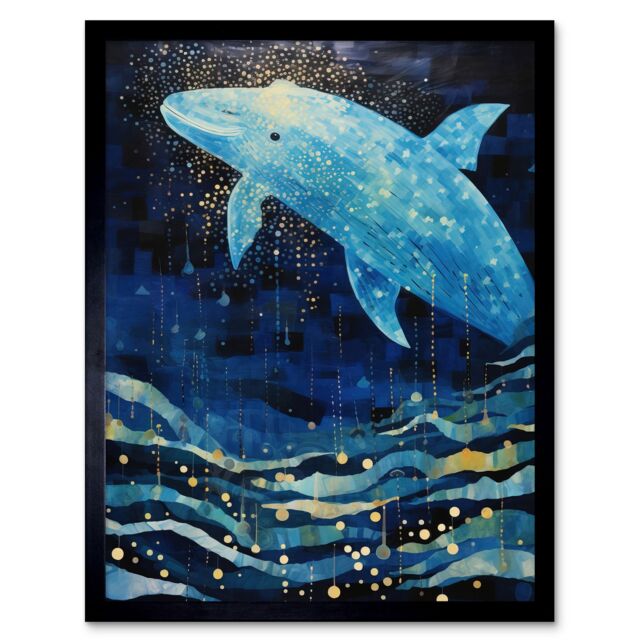"Artery8 Wall Art Print Blue Whale Breach in Winter Waters Moonlit Seascape Waves Art Framed in Black - Size: W12"" x H16""" - image 1
