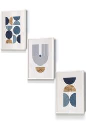ARTZE Mid Century Geometric in Blue & Gold Framed Wall Art - Small in White - Size: W33 cm x H45 cm x D20mm