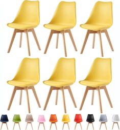 MCC Direct Set of 6 Dining Chairs with Solid Wooden Legs & Seat Cushions Eva in Yellow - thumbnail 1