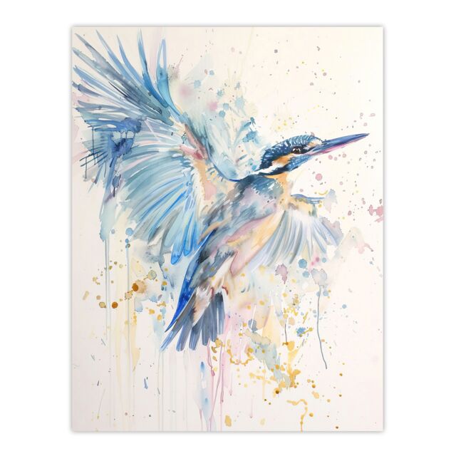 "Artery8 Kingfisher Bird in Flight Watercolour Painting Wall Art Print in Blue - Size: W12"" x H16""" - image 1
