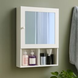 Orsina White Wood Mirrored Cabinet, Wall Mounted Mirrored Bath Cabinet, Minimalist Cabinet With Side Handle
