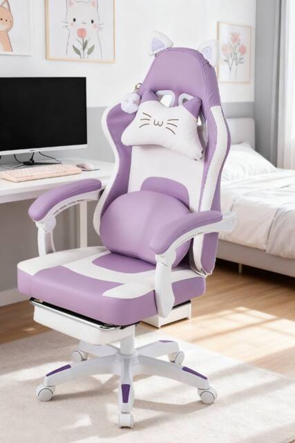Living and Home Gaming Chair with Footrest & Massage Lumbar Cushion in Purple - image 1