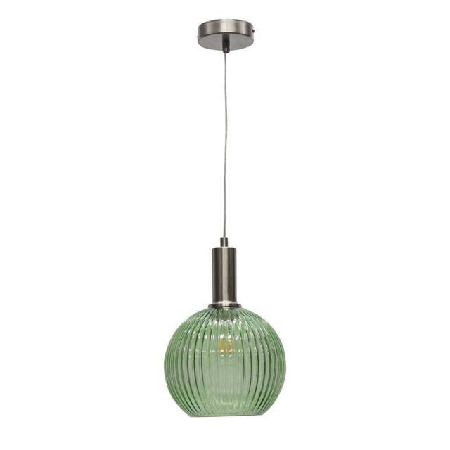 First Choice Lighting Betchley - Green Ribbed Glass Globe Satin Nickel Deco Pendant Fitting - image 1
