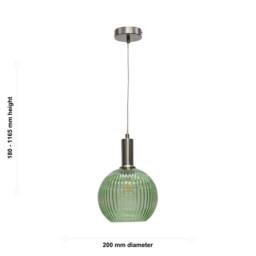 First Choice Lighting Betchley - Green Ribbed Glass Globe Satin Nickel Deco Pendant Fitting - thumbnail 5