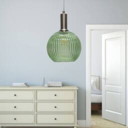 First Choice Lighting Betchley - Green Ribbed Glass Globe Satin Nickel Deco Pendant Fitting - thumbnail 4
