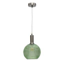First Choice Lighting Betchley - Green Ribbed Glass Globe Satin Nickel Deco Pendant Fitting