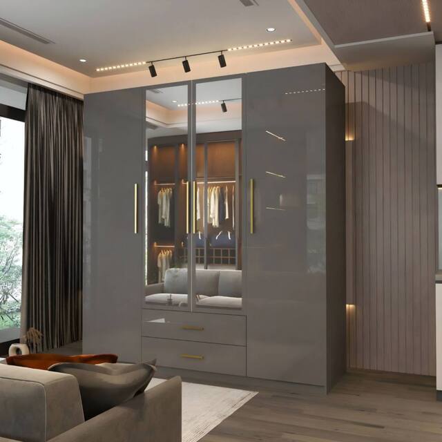 MN Furniture Modern High Gloss 4 Door Mirrored Wardrobe with Gold Handles 160cm in Grey - image 1