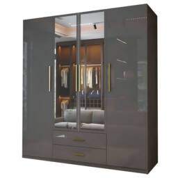 MN Furniture Modern High Gloss 4 Door Mirrored Wardrobe with Gold Handles 160cm in Grey - thumbnail 2