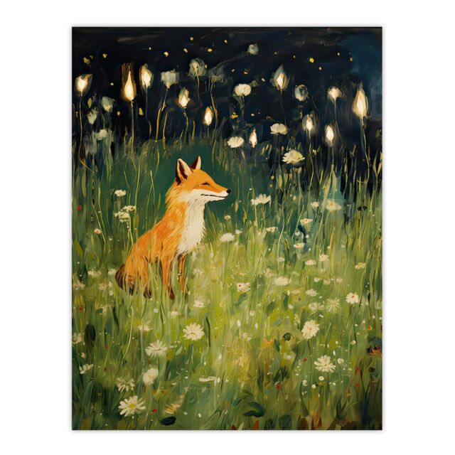 "Artery8 Wall Art Print Happy Fox in White Flower Meadow at Night Orange Green Poster - Size: W18"" x H24""" - image 1