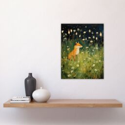 "Artery8 Wall Art Print Happy Fox in White Flower Meadow at Night Orange Green Poster - Size: W18"" x H24""" - thumbnail 4