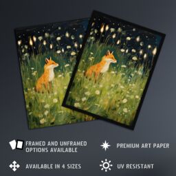 "Artery8 Wall Art Print Happy Fox in White Flower Meadow at Night Orange Green Poster - Size: W18"" x H24""" - thumbnail 2