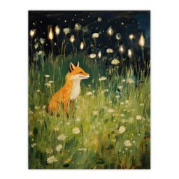 "Artery8 Wall Art Print Happy Fox in White Flower Meadow at Night Orange Green Poster - Size: W18"" x H24""" - thumbnail 1
