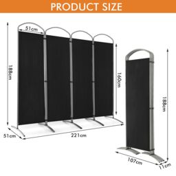 Costway 4 Panel Room Divider 188cm Folding Privacy Screen Portable Freestanding Divider in Black - thumbnail 2