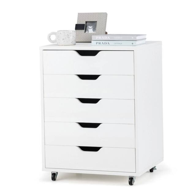 Havendro 5 Drawer Wooden Filing Cabinet with Wheels-White in White - image 1