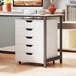 Havendro 5 Drawer Wooden Filing Cabinet with Wheels-White in White - thumbnail 4