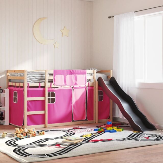 Berkfield Home Bunk Bed without Mattress with Slide & Curtains Pink 90x190 cm Single - image 1