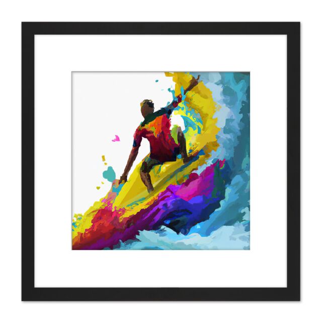 Artery8 Surfer Cutback In Motion Vibrant Abstract Multicoloured Watercolour Painting Surfing Water Sport Square Wooden Framed Wall Art Print Picture - image 1