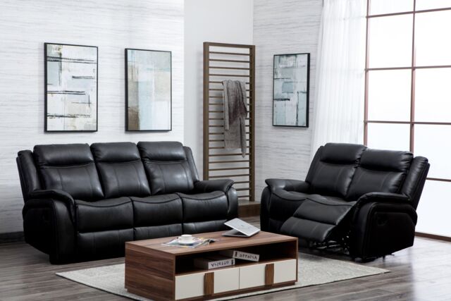 Furnishings For Less UK New Hampshire 2 Piece Leather Aire Reclining Sofa Suite Recliner 3 Seater & 2 Seater, Grey, Black or Tan - image 1