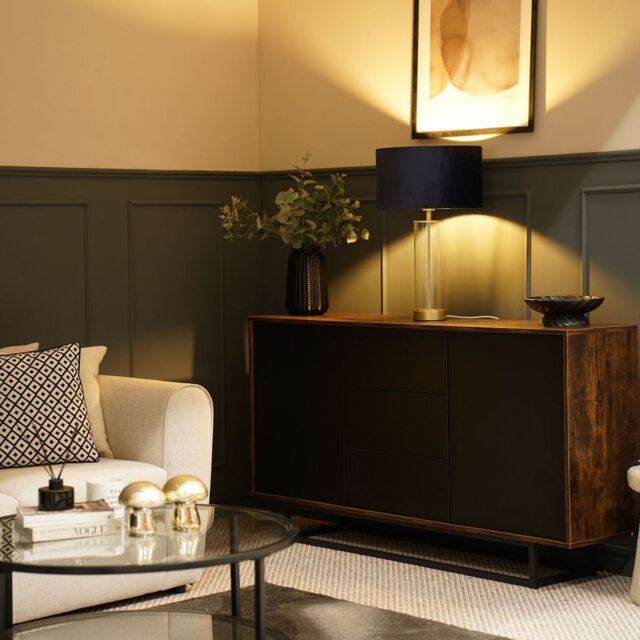 ValueLights Balan Glass & Matt Gold Table Lamp with Velvet Drum Lamp Shade in Black - image 1