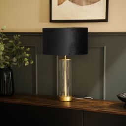 ValueLights Balan Glass & Matt Gold Table Lamp with Velvet Drum Lamp Shade in Black - thumbnail 3