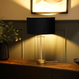 ValueLights Balan Glass & Matt Gold Table Lamp with Velvet Drum Lamp Shade in Black - thumbnail 5