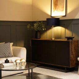 ValueLights Balan Glass & Matt Gold Table Lamp with Velvet Drum Lamp Shade in Black - thumbnail 1