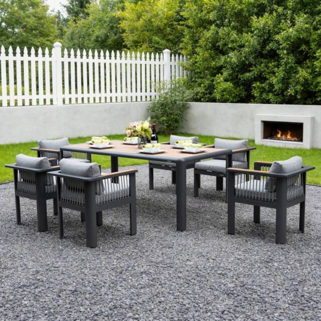 MIMO Outdoor Garden Aluminum Dining Table Set, 6 Chairs with Teak Armrests in Grey - Size: 6 Person - image 1