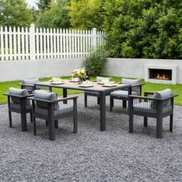 MIMO Outdoor Garden Aluminum Dining Table Set, 6 Chairs with Teak Armrests in Grey - Size: 6 Person - thumbnail 1
