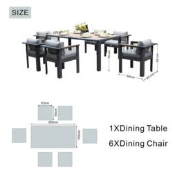 MIMO Outdoor Garden Aluminum Dining Table Set, 6 Chairs with Teak Armrests in Grey - Size: 6 Person - thumbnail 8