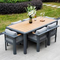 MIMO Outdoor Garden Aluminum Dining Table Set, 6 Chairs with Teak Armrests in Grey - Size: 6 Person - thumbnail 9
