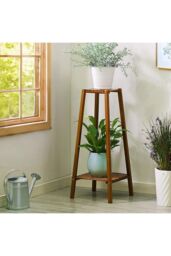 H&O Direct Vintage Tiered Indoor Plant Stand Solid Wood Display Shelf in Brown - Size: Small - thumbnail 2