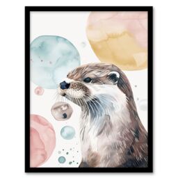 "Artery8 Cute Otter Portrait Modern Watercolour Bubbles Framed Art Print - Size: W12"" x H16""" - thumbnail 1