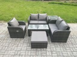 Fimous 6 PCS Garden Furniture set Rattan Outdoor Lounge Sofa Table Chair With Tempered Glass Table Dark Grey Mixed - thumbnail 1